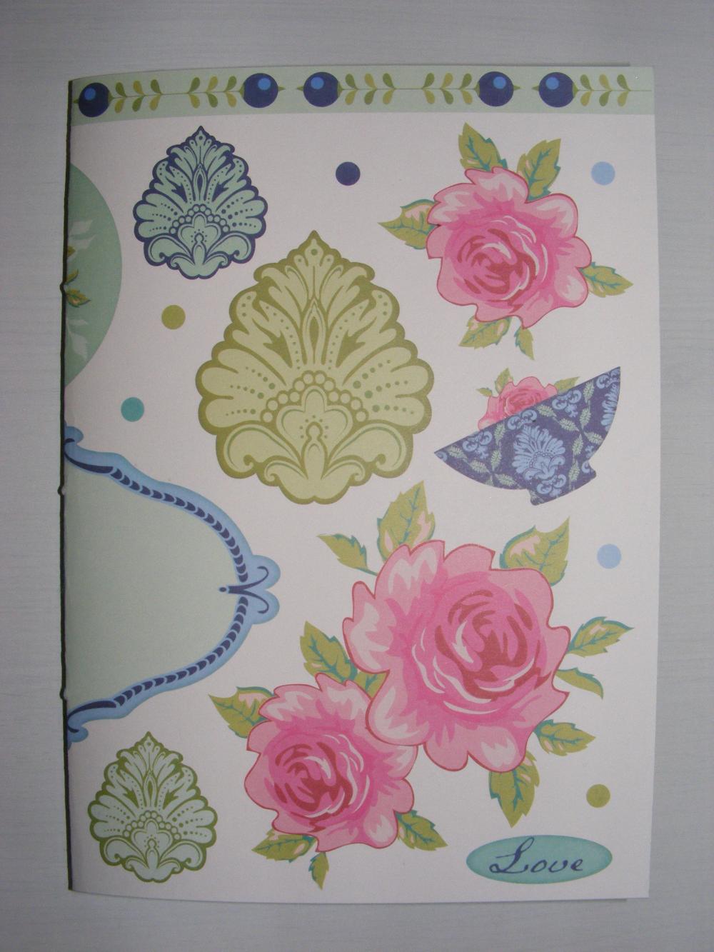 A5 Handmade Notebook With Pink Rose Cover & Plain Coloured Pages In Shades Of Turquoise And Pink