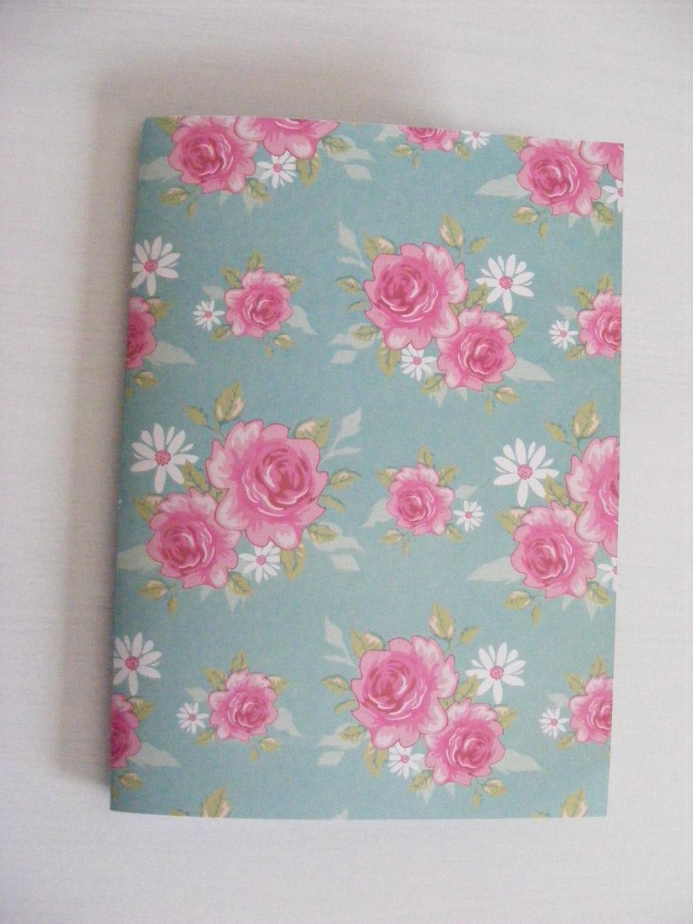 Handmade A5 Notebook With Rose And Turquoise Plain Pages