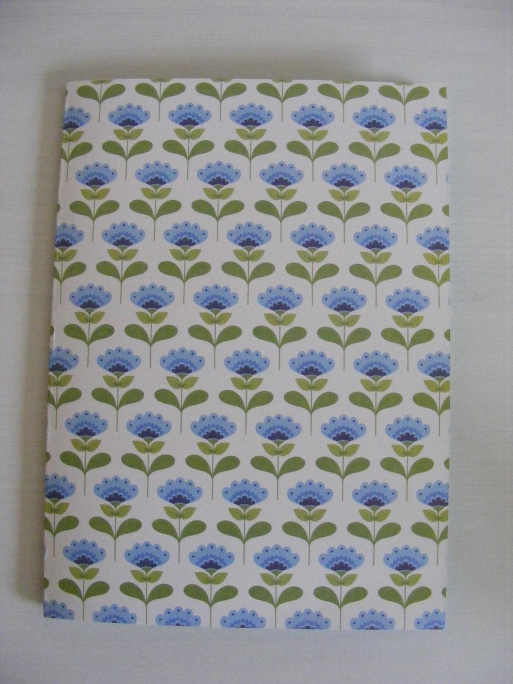 A5 Handmade Notebook Blue And Green Tida Flowers Cover With Plain Blue And Yellow Pages